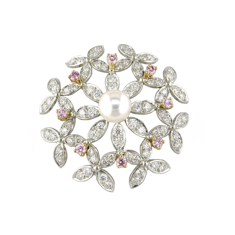 Cultured Pearl, Diamond and Pink Diamond Pin | Shreve & Co.