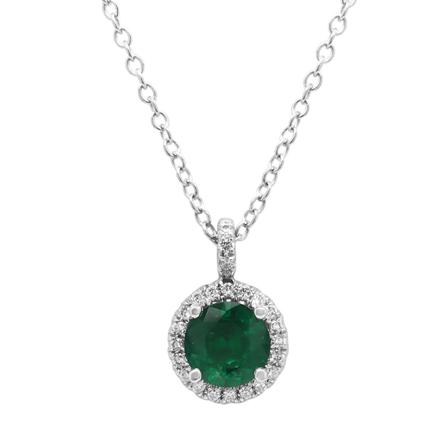Emerald and Diamond Halo Pendant Necklace