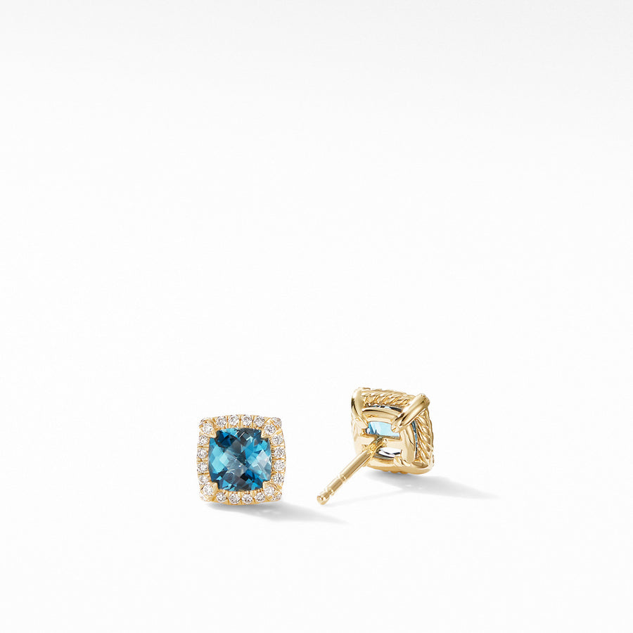 Petite Chatelaine Pave Bezel Stud Earrings in 18K Yellow Gold with Hampton Blue Topaz
