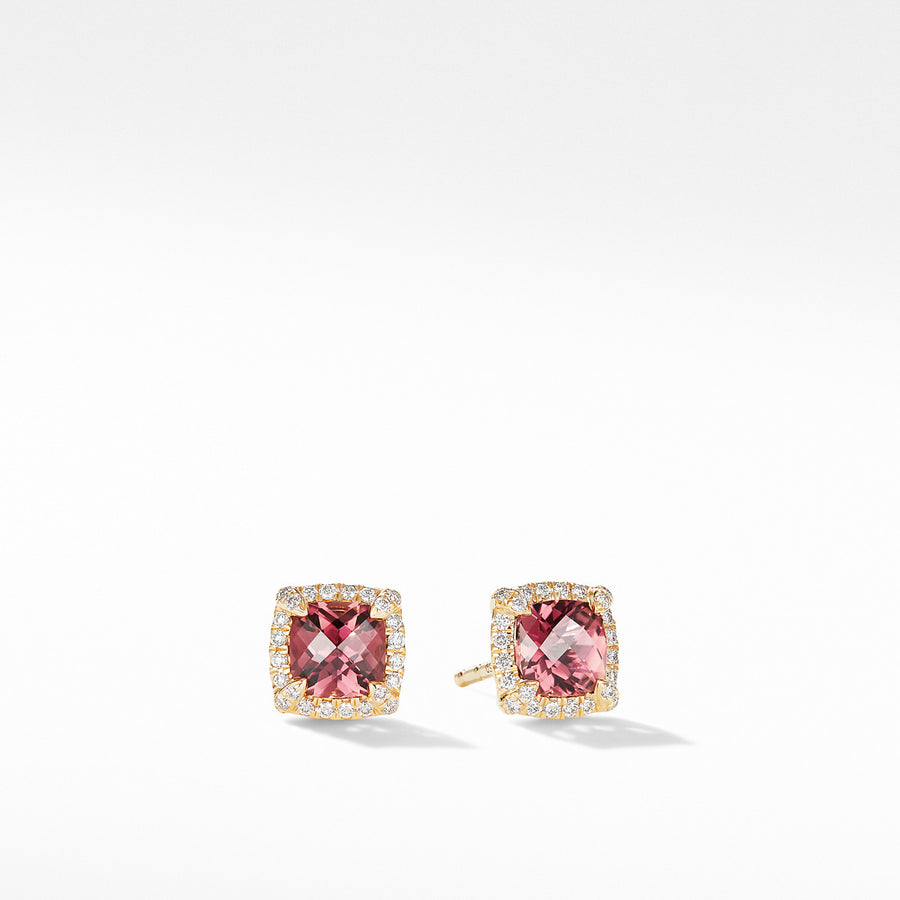 Petite Chatelaine Pave Bezel Stud Earrings in 18K Yellow Gold with Pink Tourmaline