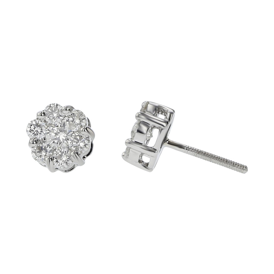 14K White Gold Diamond Cluster Stud Earrings with Screw Backs