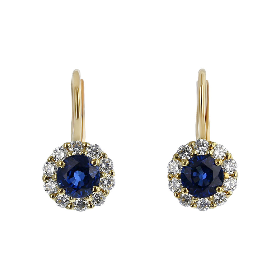 18K Yellow Gold Sapphire and Diamond Halo Earrings