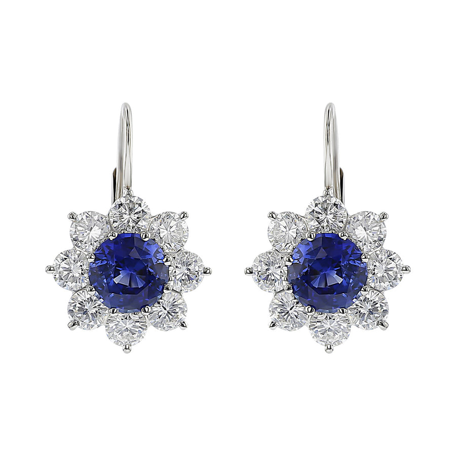 Platinum Sapphire and Diamond Halo Drop Earrings
