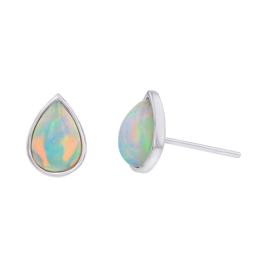 14K White Gold Cabochon Opal Stud Earrings