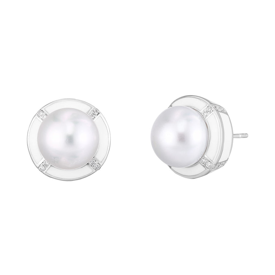 South Sea Pearl and Diamond Stud Earrings with Ceramic White Enamel