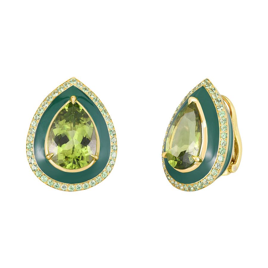 Peridot, Tsavorite and Ceramic Green Enamel Clip-on Earrings