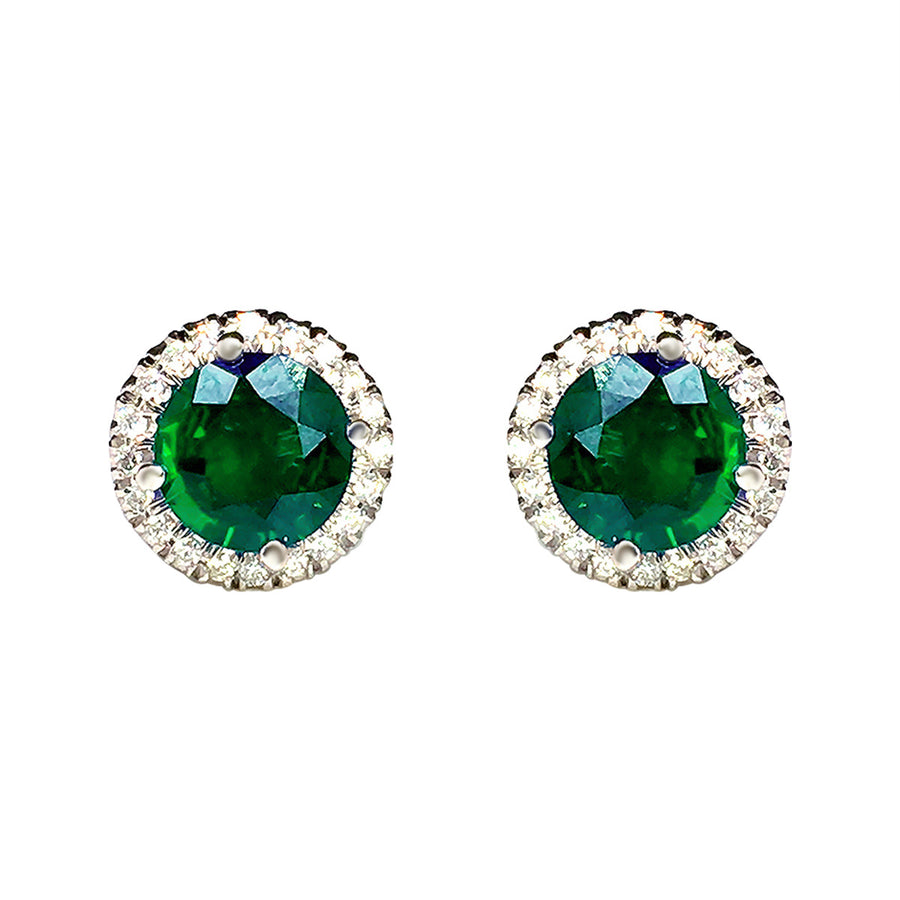 Platinum Emerald and Diamond Halo Stud Earrings