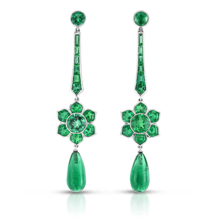 Platinum Emerald Flower Drop Earrings