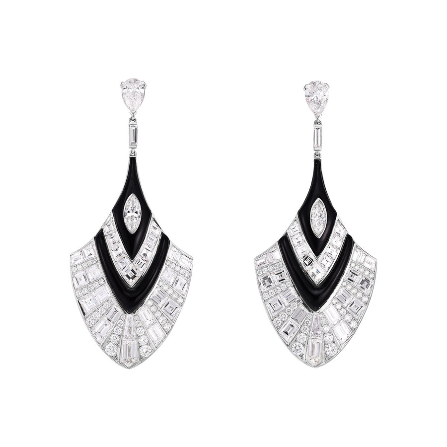 Platinum and Black Enamel Diamond Dangle Earrings