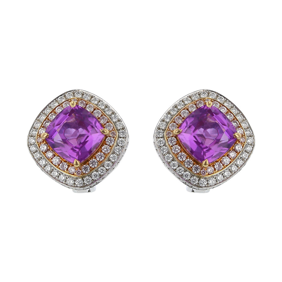 Cushion Cut Purple Sapphire and Diamond Halo Earrings