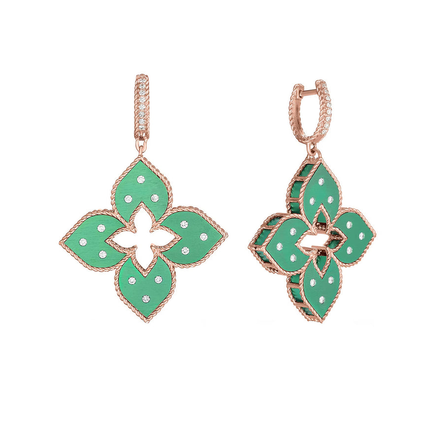 18k Rose Gold Diamond Venetian Princess Green Satin Earrings