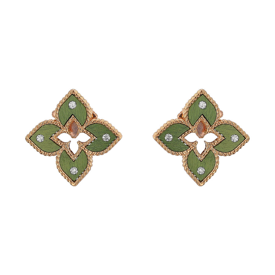 18K Rose Gold Mini Green Titanium and Diamond Flower Stud Earrings