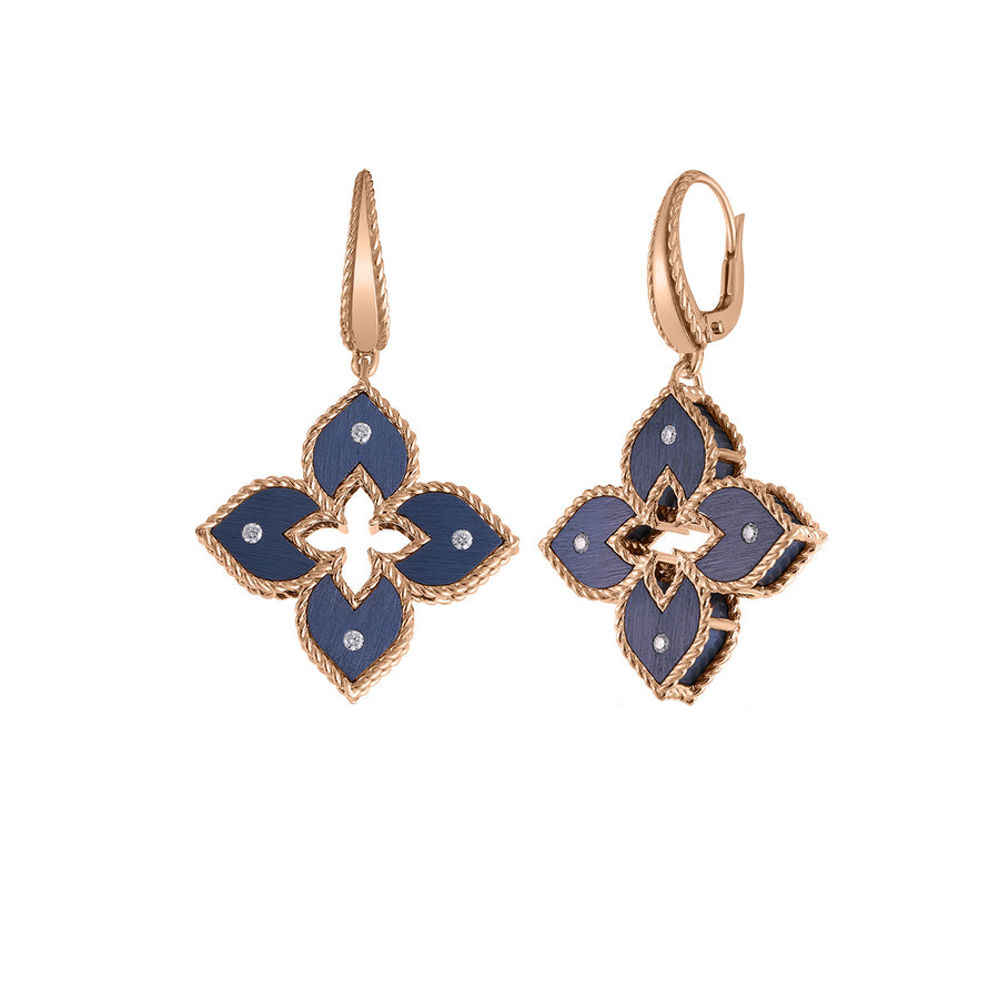 18K Rose Gold Small Blue Titanium and Diamond Flower Dangle Earrings
