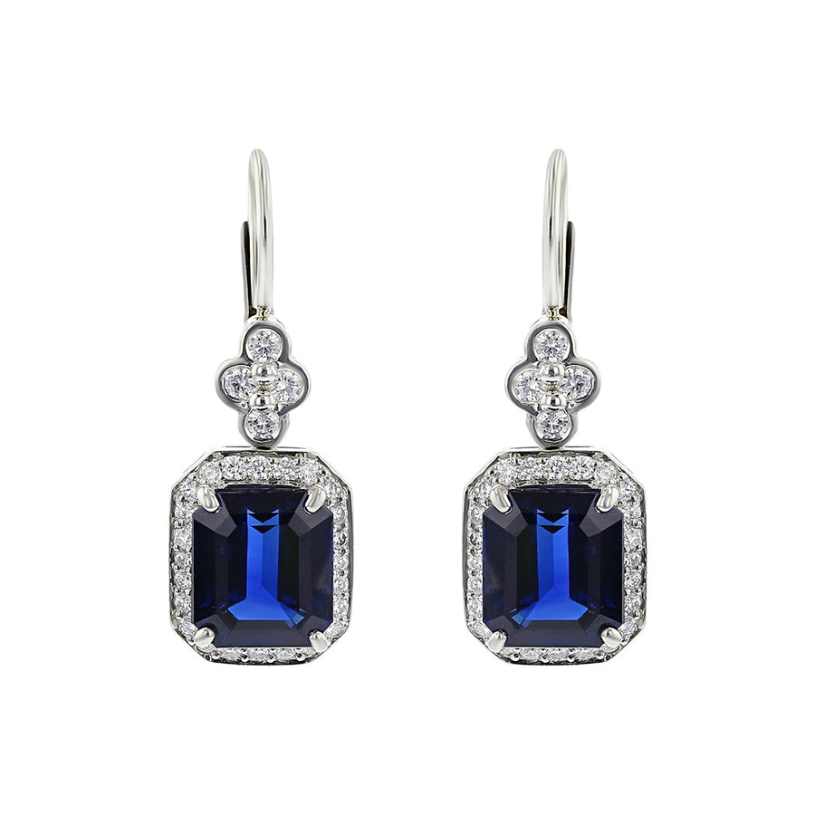 Emerald-cut Sapphire and Diamond Halo Lace Drop Earrings
