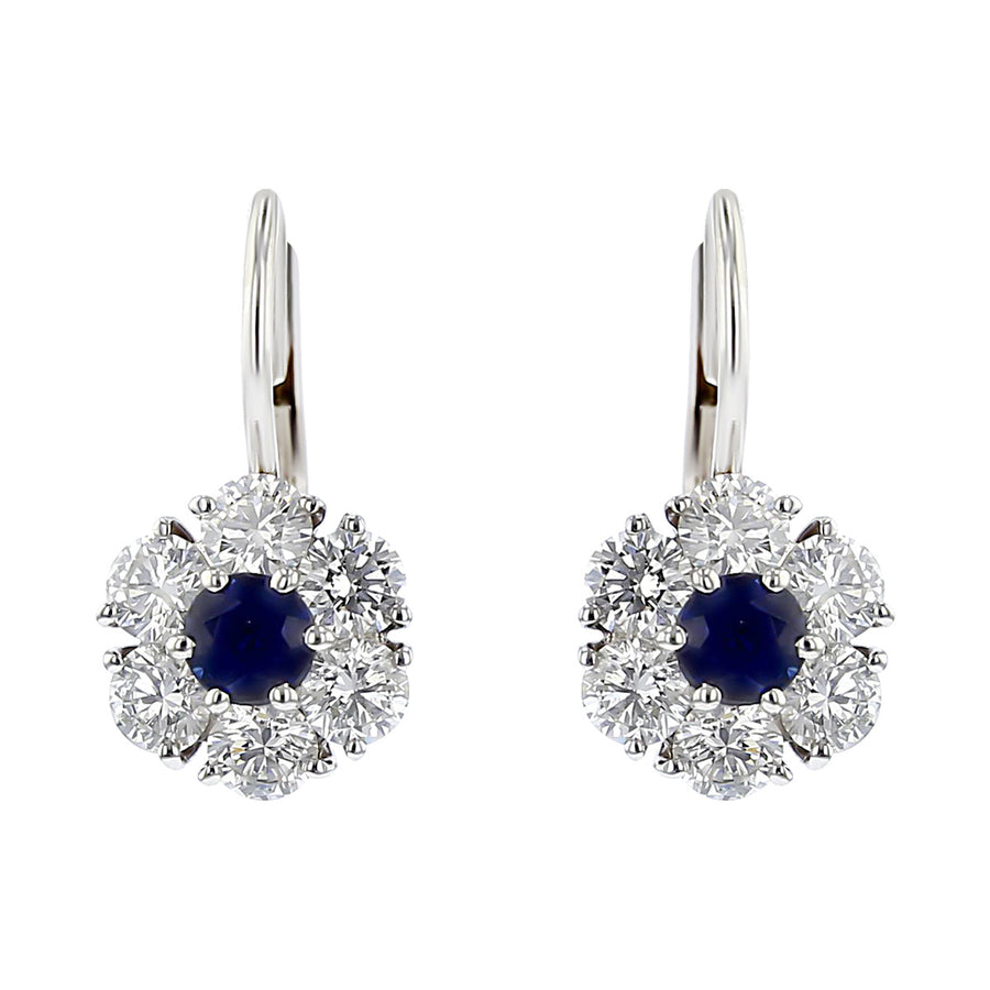 Blue Sapphire and Diamond Halo Drop Earrings