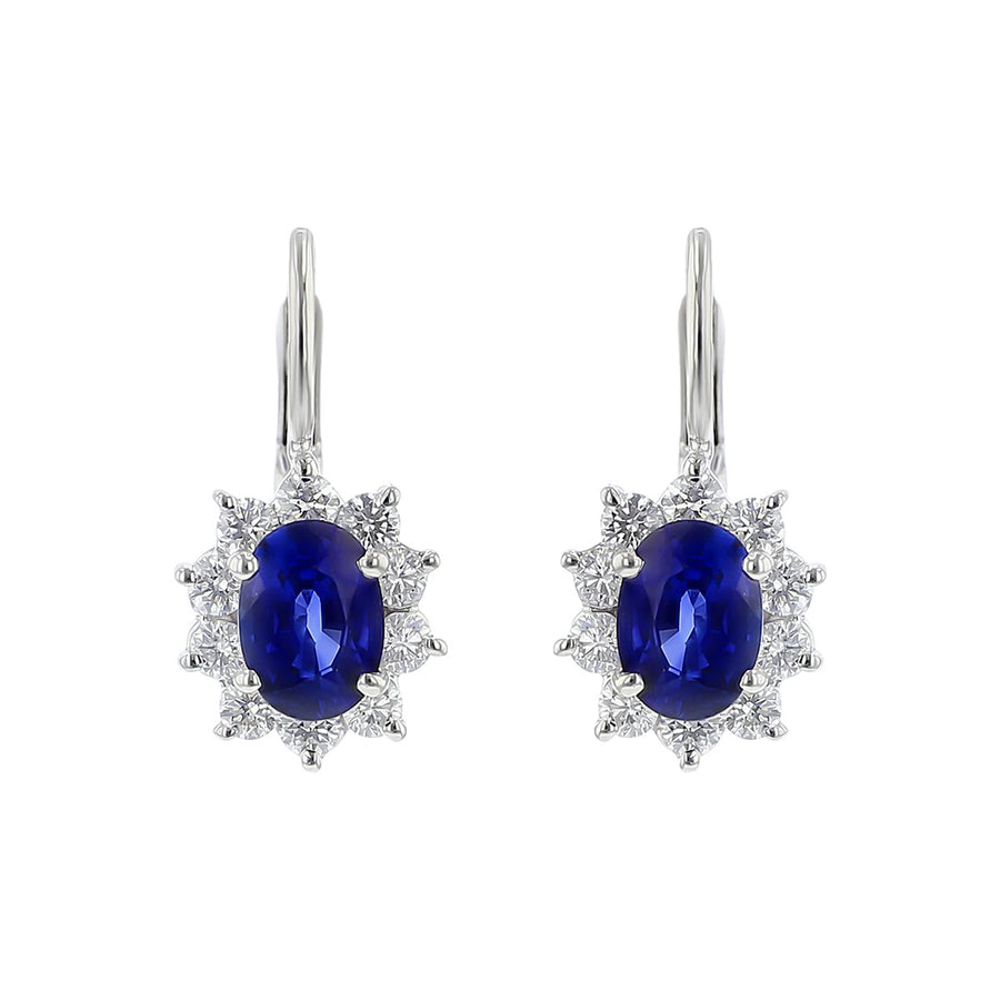 Oval Sapphire and Diamond Halo Drop Earrings