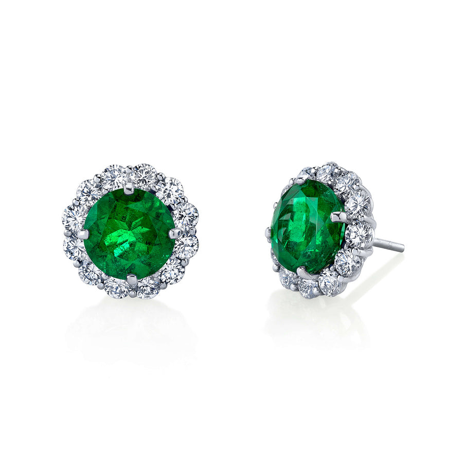Emerald and Brilliant Diamond Halo Stud Earrings