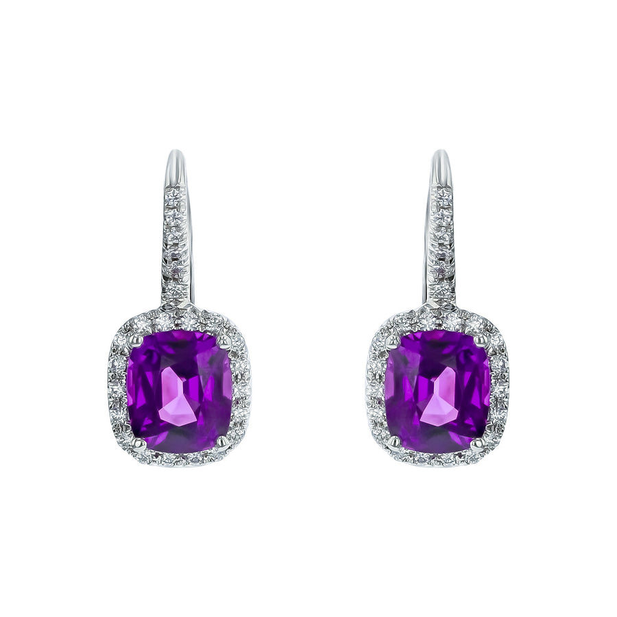 Purple Garnet Diamond Halo Drop Earrings