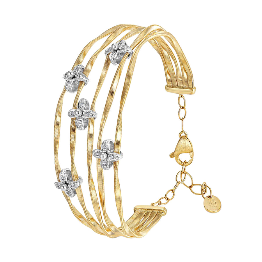 18K Yellow and White Gold Five Strand Bangle with Diamond Flowers