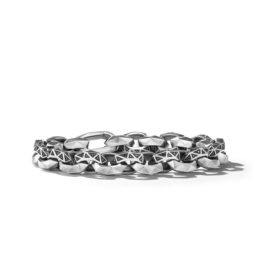 Torqued Faceted Link Bracelet in Sterling Silver with Pave Black Diamonds