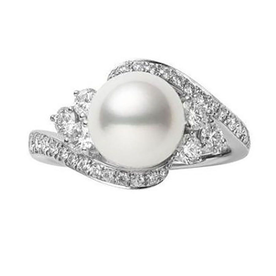 Akoya Cultured Pearl and Diamond Ring in 18K White Gold