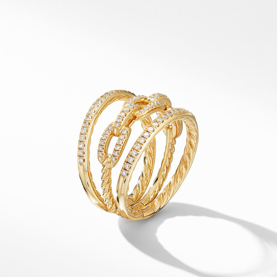 Stax Three Row Chain Link Ring in 18K Yellow Gold and Pave Diamonds