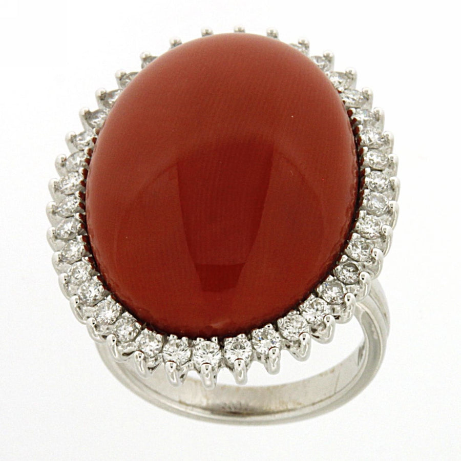 Coral and diamond halo ring