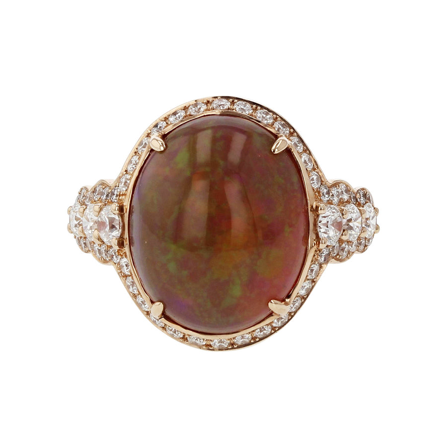 Rose Gold Cabochon Opal and Diamond Halo Ring