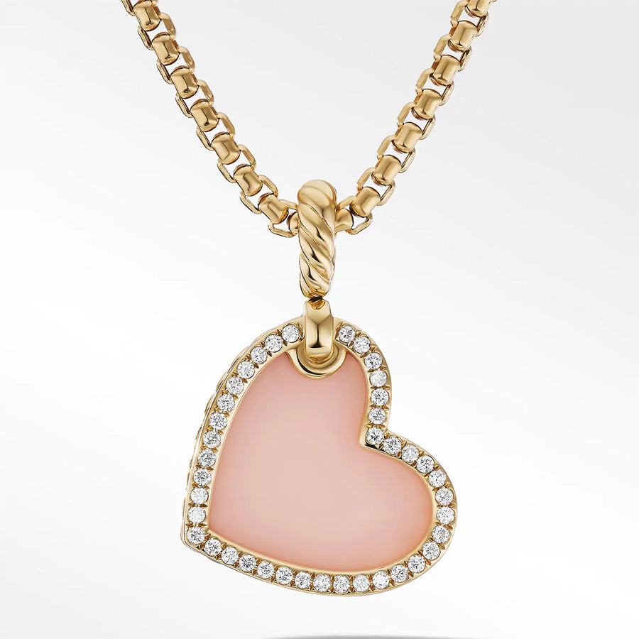 Heart Amulet in 18K Yellow Gold with Pink Opal and Pave Diamonds