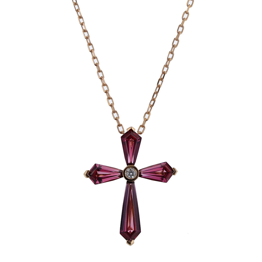 Pink Garnet and Diamond Cross Pendant Necklace