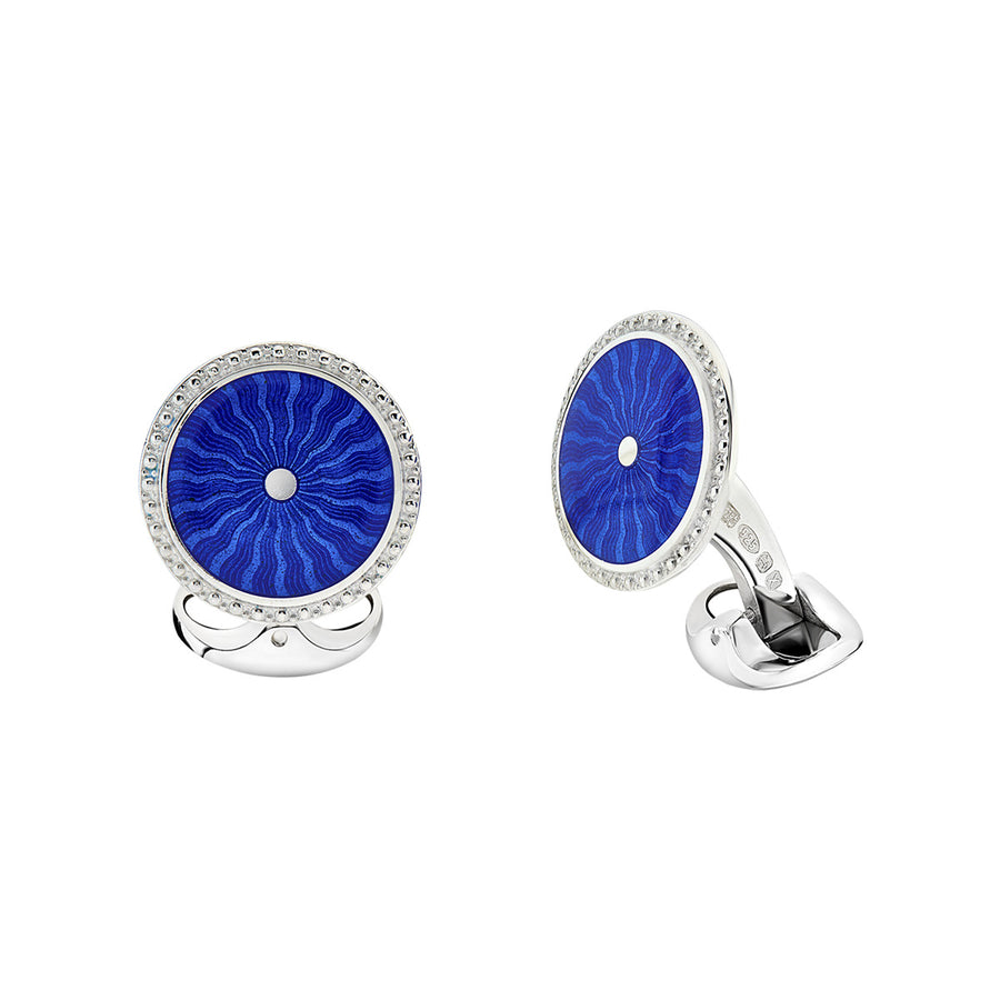 Sterling Silver Blue Pattern Enamel Cufflinks with Detailed Border