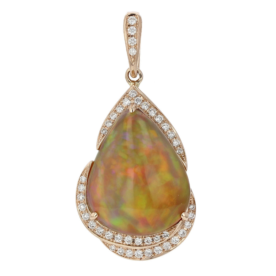 14K Rose Gold Pear Shape Opal Diamond Pendant