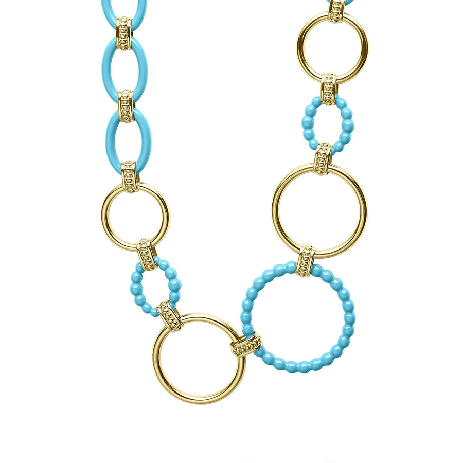 Long 18k Gold and Blue Ceramic Link Necklace