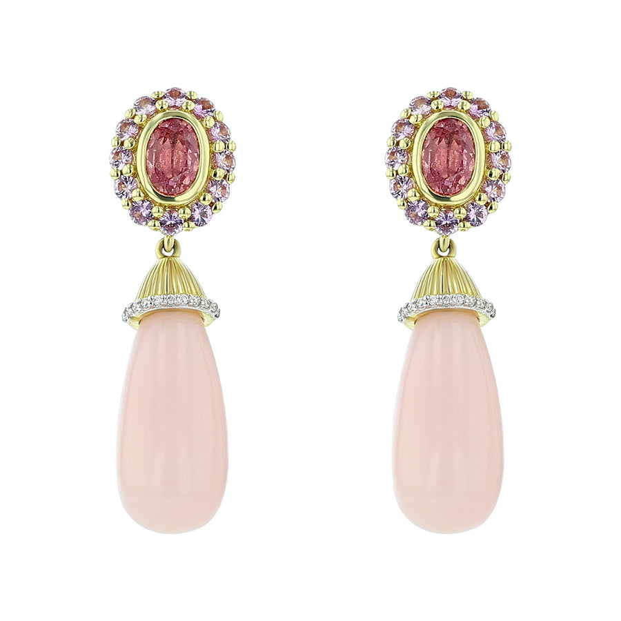Pink Opal Drop Earrings with Padparadsha, Sapphire and Diamonds