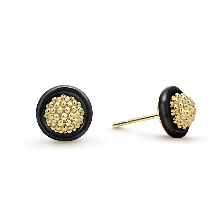 18K Gold Caviar and Black Ceramic Stud Earrings