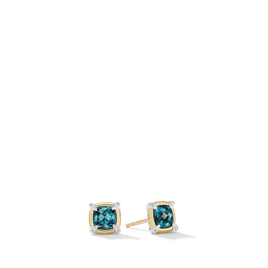 Petite Chatelaine Stud Earrings with Hampton Blue Topaz, 18K Yellow Gold Bezel and Pave Diamonds