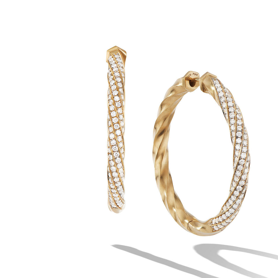 Cable Edge Hoop Earrings in Recycled 18K Yellow Gold with Pave Diamonds