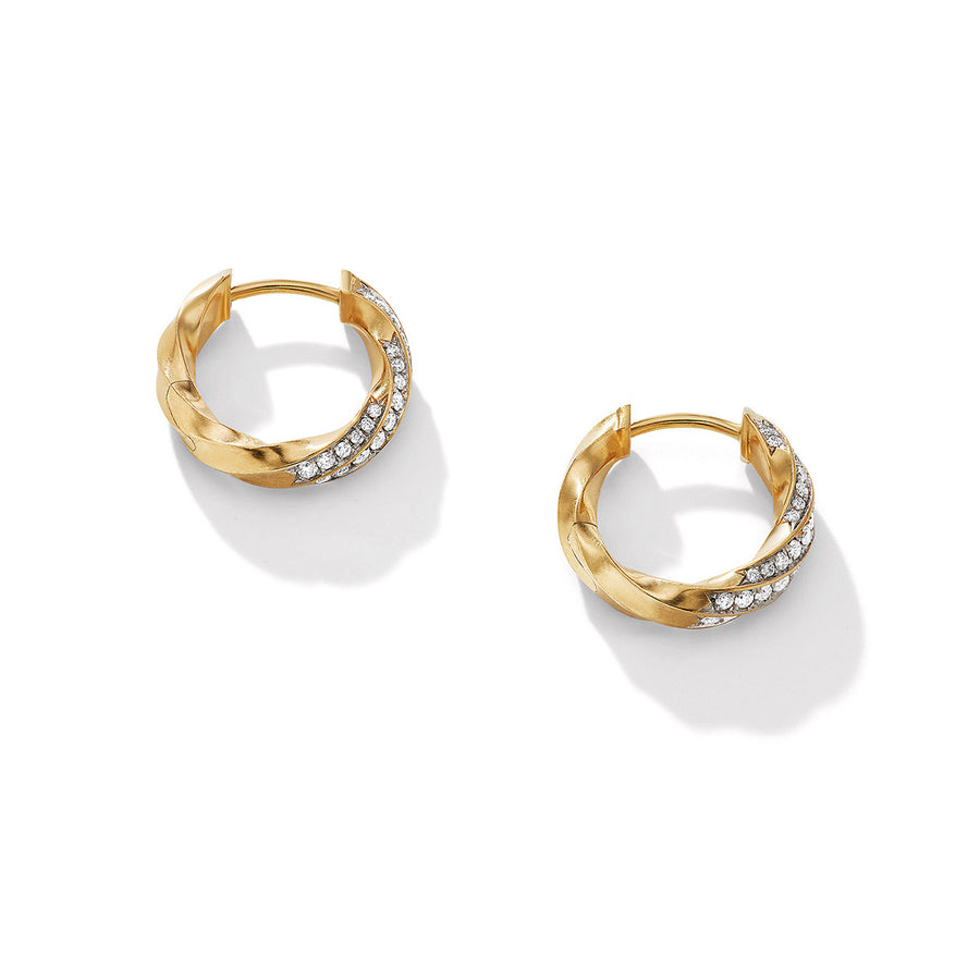 Cable Edge Huggie Hoop Earrings in Recycled 18K Yellow Gold with Pave Diamonds