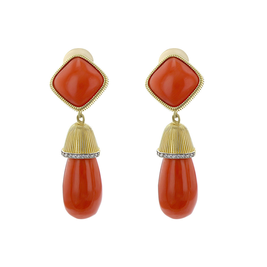 Coral and Diamond Briolette Drop Earrings