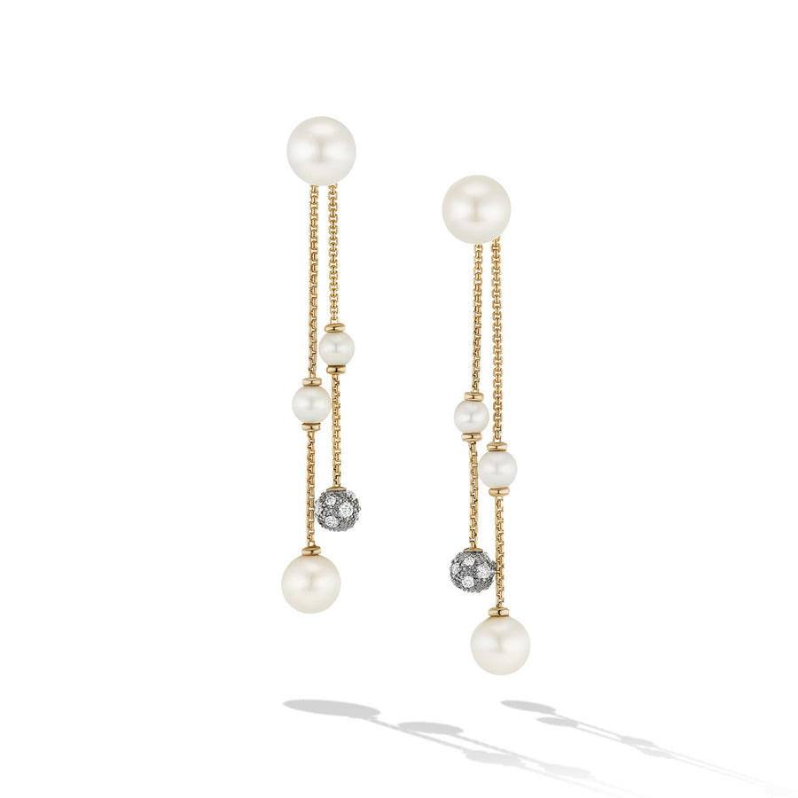 Pearl and Pave Two Row Drop Earrings in 18K Yellow Gold with Diamonds