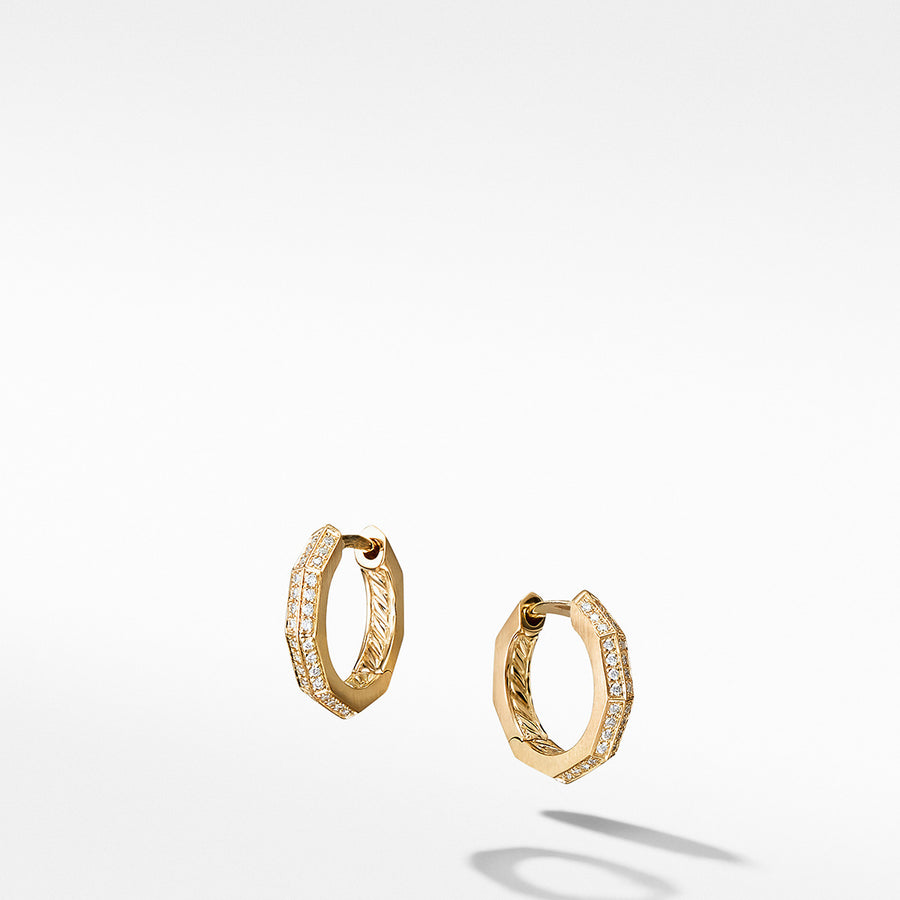 Stax Faceted Huggie Hoop Earrings in 18K Yellow Gold with Pave Diamonds