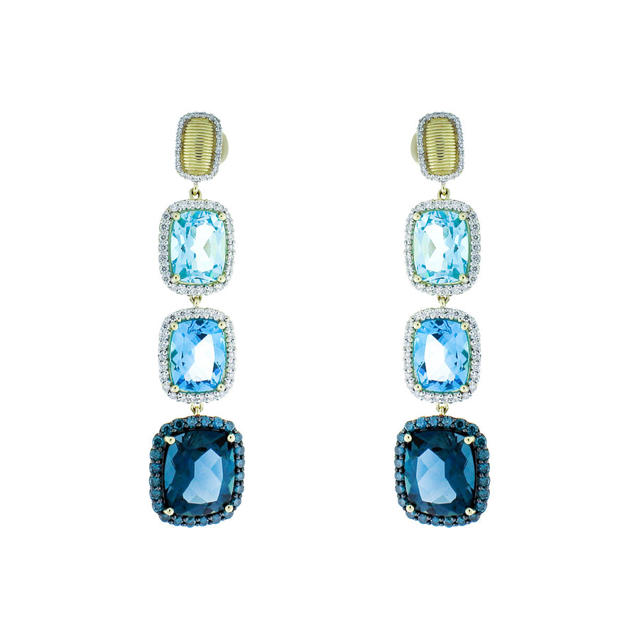 Ombre Blue Topaz and Diamond Triple Drop Earrings