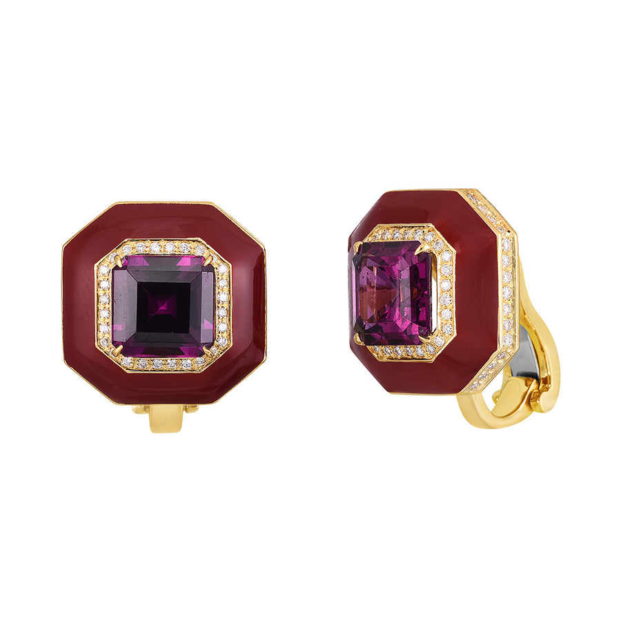 Purple Garnet and Diamond Halo Clip-on Earrings