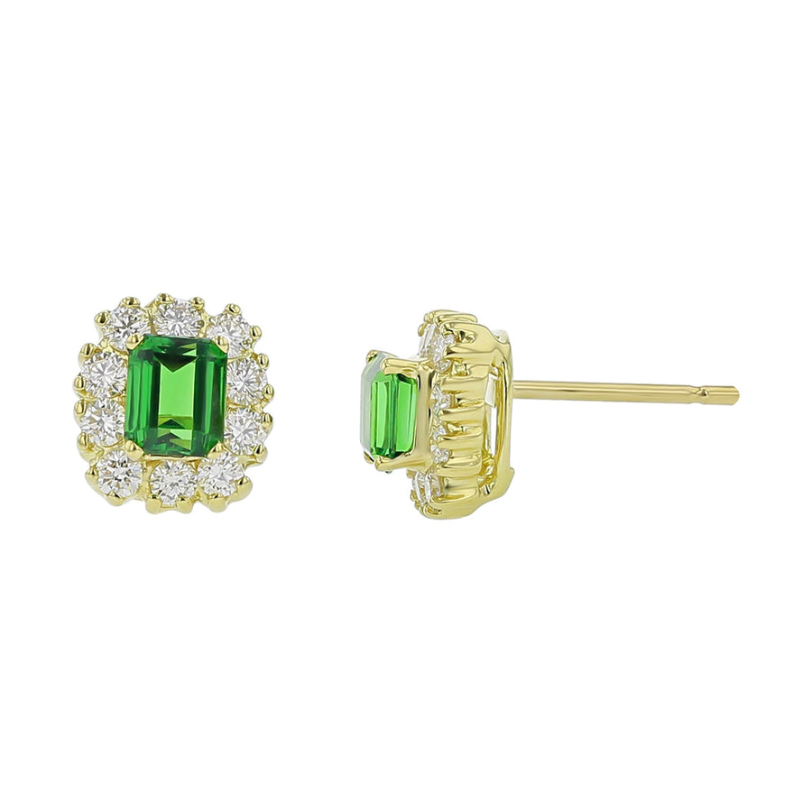 Emerald-cut Green Tsavorite and Diamond Halo Earrings