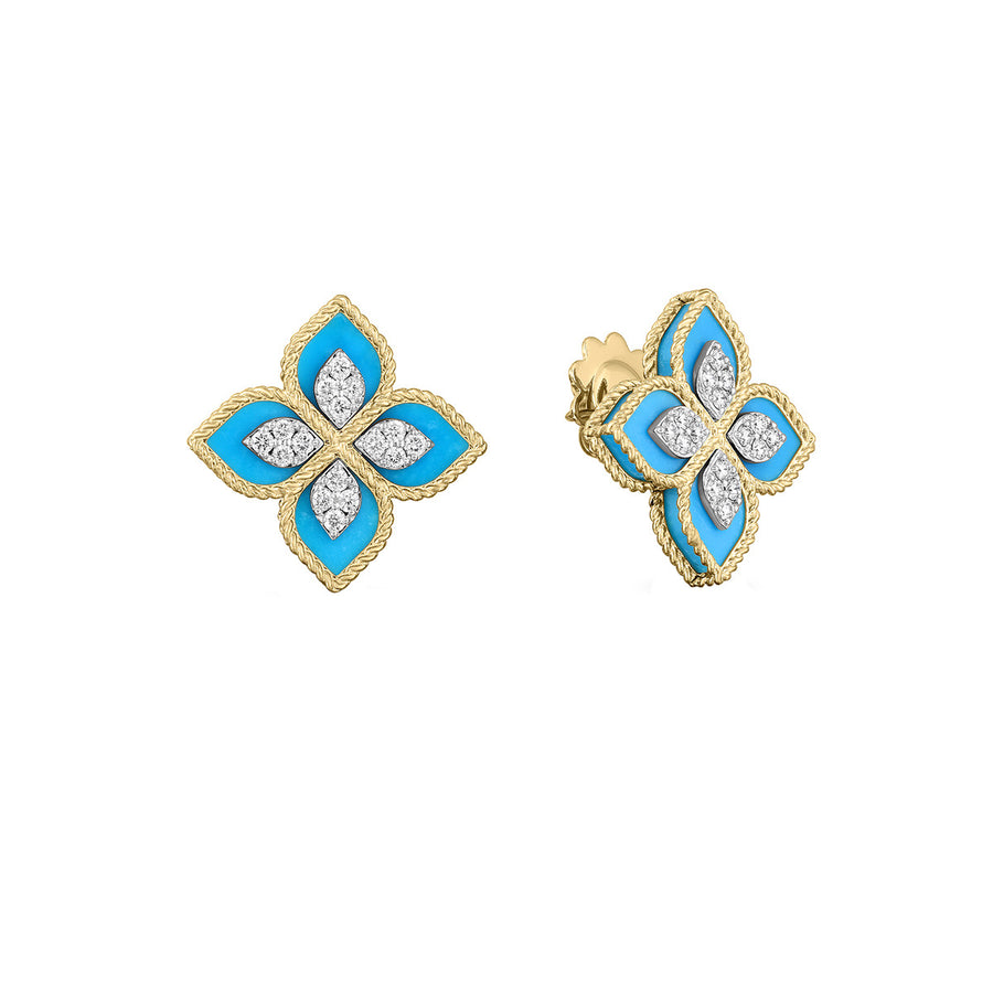 18K Yellow and White Gold Diamond and Turquoise Flower Earrings