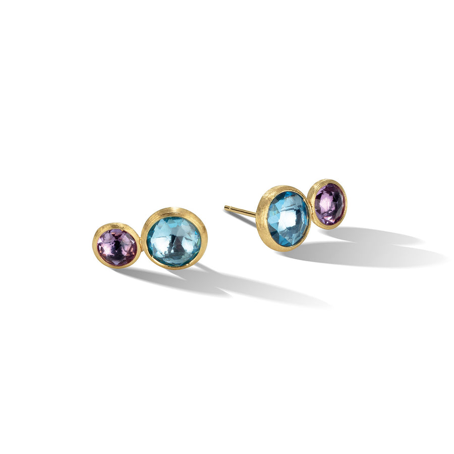 18K Yellow Gold Blue Topaz and Amethyst Stud Earrings