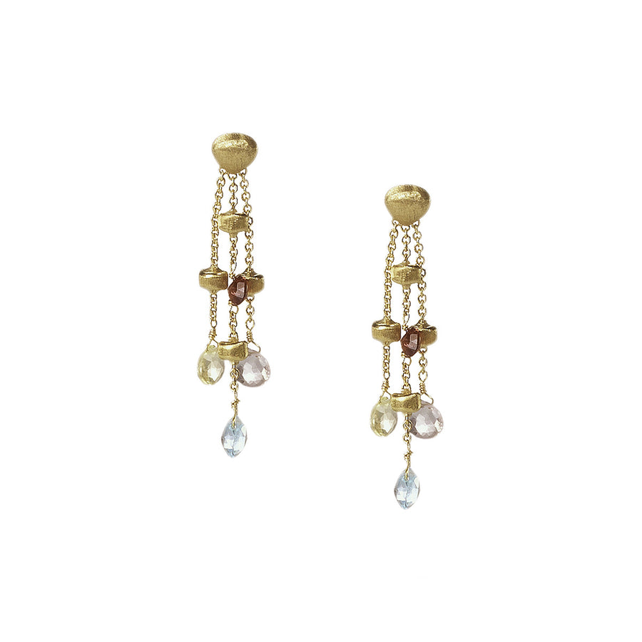 Mixed Gemstone Gold Bead Three Strand Drop Earrings