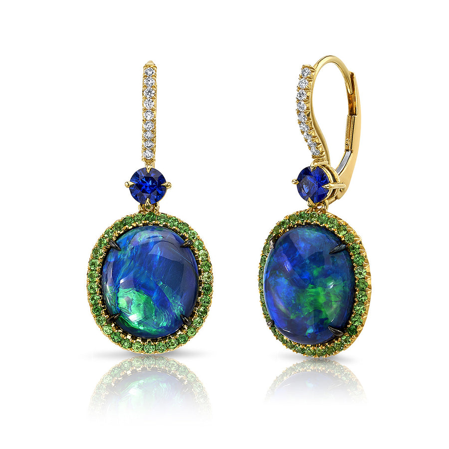 Black Opal, Sapphire, Tsavorite Garnet and Diamond Earrings