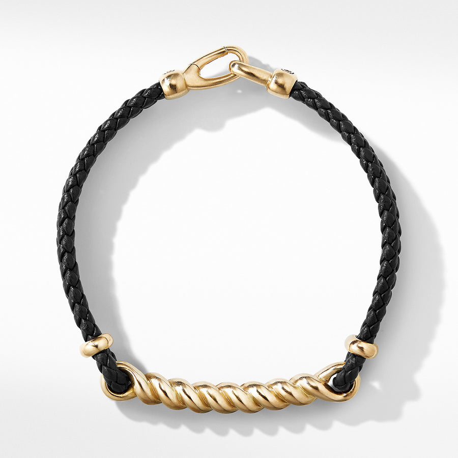 Cable ID Black Leather Bracelet with 18K Yellow Gold