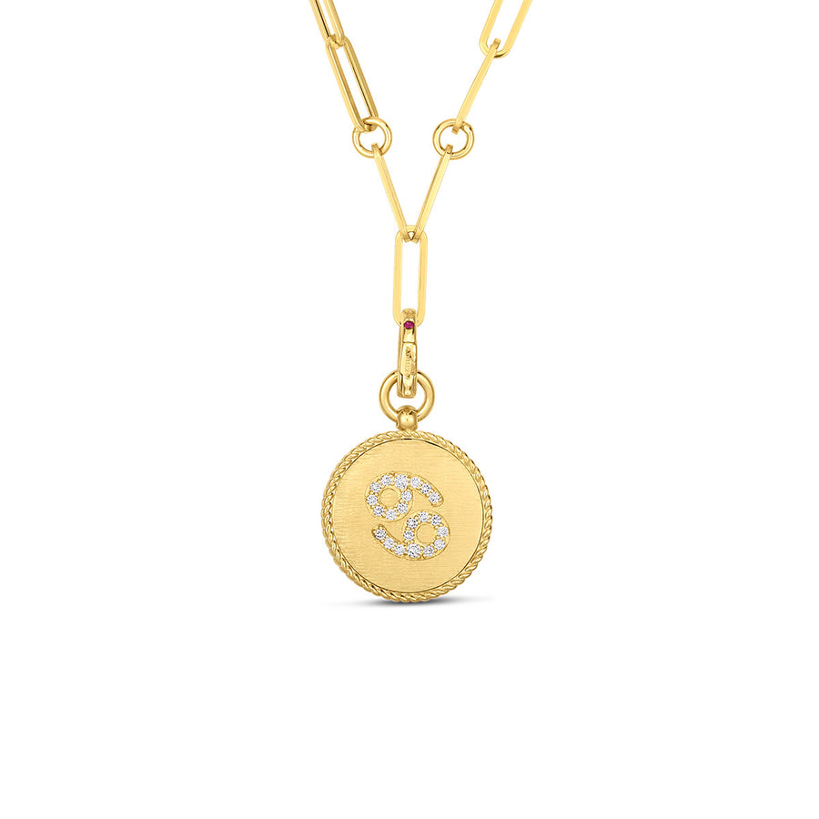 18k Diamond Cancer Zodiac Medallion Pendant with Coin Edge on Paper Clip Chain
